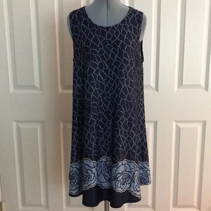 Isle by Melis Kozan Navy Blue Floral Border Sleeveless Swing Dress M